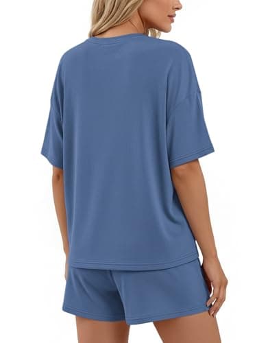 BTFBM 2 Piece Short Sets For Women 2026 Summer Airport Travel Vacation Outfits Loose Matching Clothing Spring Lounge Set(Grey Blue, Small) - Thumbnail 3