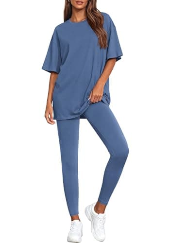BTFBM Two Piece Lounge Set Women 2026 Spring Casual Oversized Shirts Leggings Matching Workout Airport Travel Outfits(Grey Blue, Small) - Image 1