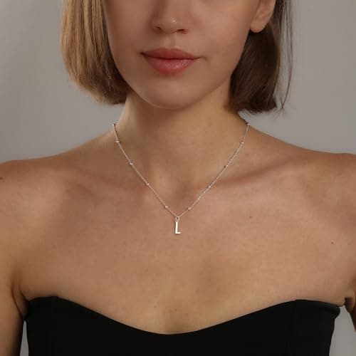 KISSCLOUD Initial Necklaces for Women 925 Sterling Silver Dainty Letter Charm Necklace Personalized Name Pendant Bead Chain L Necklace Non Tarnish Trendy Jewelry Gift - Thumbnail 2