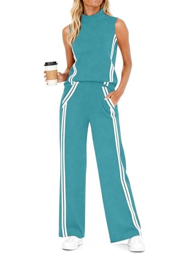 Casly Lamiit Lounge Sets for Women 2 Piece Casual Travel Outfits Matching Active Airport Sweatsuit Mock Neck Tops Wide Leg Track Pants Viridian Green XS - Image 1
