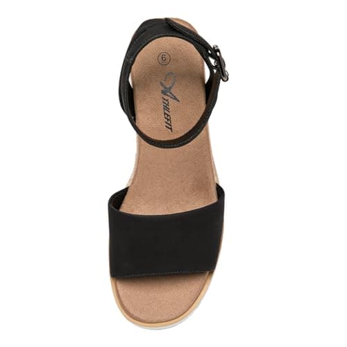 Athlefit Athlfit Women's Open Toe Buckle Ankle Strap Summer Casual Espadrille Platform Wedge Sandals, Black/Pu, Size 7, AD00442 - Thumbnail 2