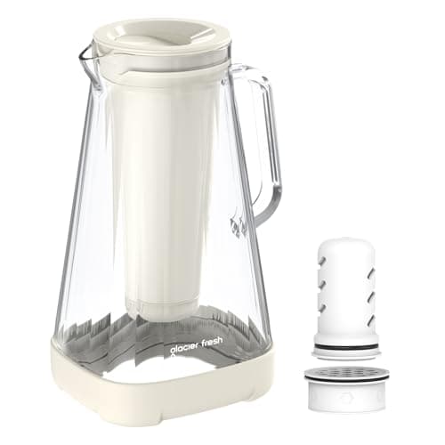 GLACIER FRESH 10 Cup Purela Glass Water Pitcher with 1 Ultrafiltration Membrane and Activated Carbon Filter, Reduces 99% Chlorine, PFOA&PFOS, Coliforms, White