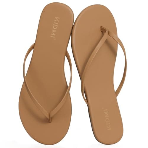 KIDMI Thong Flip Flops for Women - Memory Foam Summer Beach Sandals for Women - Vegan Leather Flat Sandals, Taupe EU 42 - Image 1