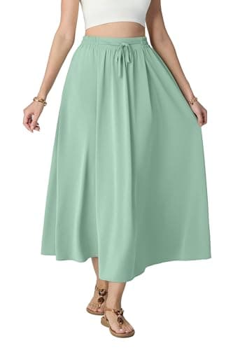 HiMONE Women's Silk Flowy Maxi Skirts with Pockets Summer Drawstring Elastic Waisted Pleated A Line Long Skirt for Women 2026 2XL - Image 1