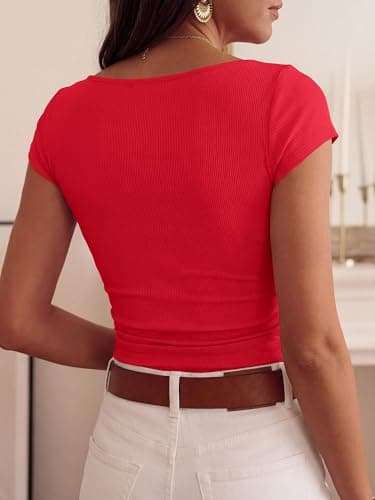 BTFBM Womens Summer Tops 2026 Ribbed T Shirts Crew Neck Short Sleeve Stretchy Ruched Slim Fit Workout Going Out Top(Red, XX-Large) - Thumbnail 3