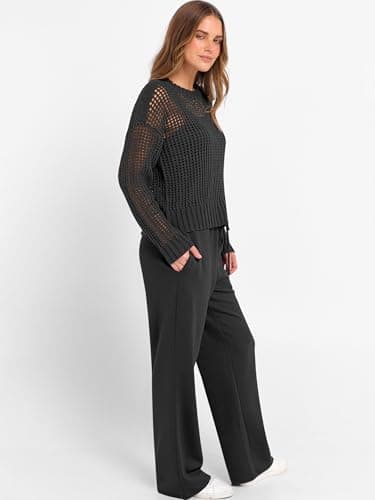 ANRABESS Womens 2 Piece Outfits Crochet Sheer Knit Sweater Top Wide Leg Pants Lounge Set Sweatsuit 2026 Fall Travel Clothes Black Medium - Thumbnail 4
