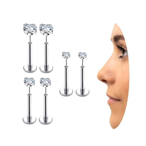 COTATI 18g Nose Stud Flat Back Studs Earrings Piercing Jewelry for Women,Surgical Steel Threadless Long Push Pin Labret Tragus Cartilage Lip Rings Stud (Silver,18G 2/3/4mm CZ) - Image 1