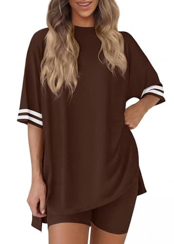 KIRUNDO 2 Piece Sets for Women Summer Lounge Set Airport Travel Outfit 2026 Oversized Shirts Matching Biker Shorts Clothing(Brown, XX-Large) - Image 1