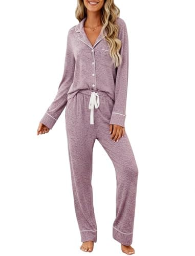 Samring Long Pajamas for Women Set Button Down Pjs 2 Piece Long Sleeve Soft Warm Pajama Lounge Sets Sleepwear Pink XXL - Image 1