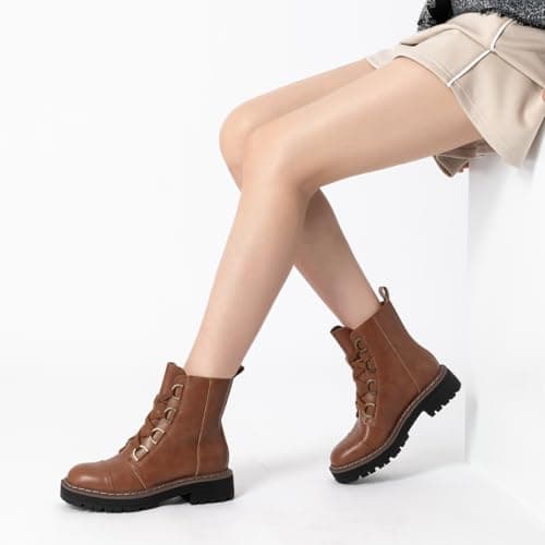 Athlefit Women's Brown Combat Ankle Boots Platform Chunky Low Heel Boots Fashion Lug Sole Lace Up Booties Size 9.5 - Thumbnail 6