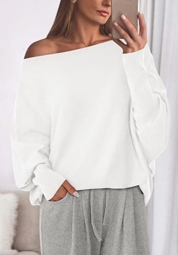 BTFBM Casual Fall Sweaters for Women 2026 Long Batwing Sleeve Ribbed Knit Tops Pullover Loose Off The Shoulder Sweater(White,Medium) - Thumbnail 3