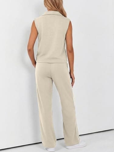 Casly Lamiit Womens 2 Piece Outfits for Women Quarter Zip Sleeveless V Neck Tank Top Sweatpant Travel Airport Clothing Set Sweatsuits Dark Beige XL - Thumbnail 4