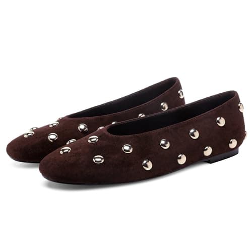 RBTHOLP Studded Flats for Women Suqare Toe Slip on Suede Ballet Flats Comfortable Walking Studs Ballet Shoes - Thumbnail 5