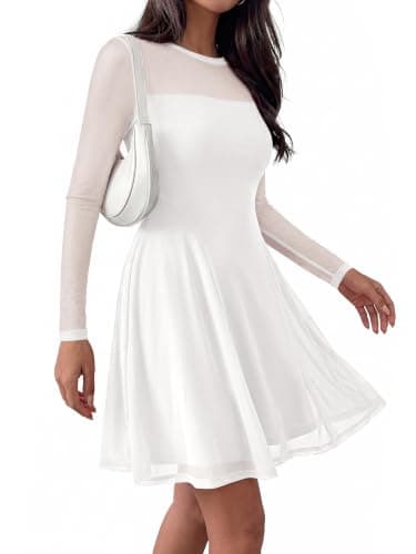 BTFBM Women’s Mini Dress Sheer Mesh Long Sleeve Flowy A Line Casual Cocktail Party Going Out Dresses 2026 Fall Fashion(White, Small) - Thumbnail 5