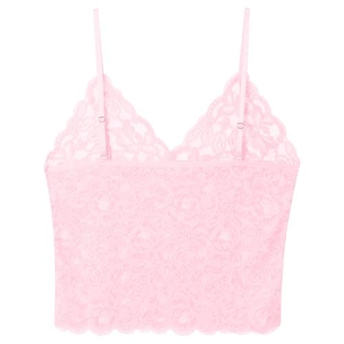 ABAFIP Men’s Sissy Lace Cami Top Floral Sheer Camisole Ruffle V-Neck Sleeveless Shirt See Through Undershirt Pink Medium - Thumbnail 4