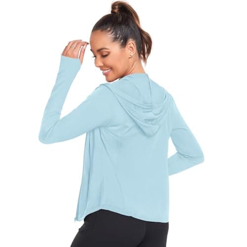 AGVNG Womens UPF 50+ Sun Protection Sun Hoodie Full Zip Jackets Lightweight Long Sleeve SPF Cooling Shirts Workout Athletic Hiking Running Tops Thumb Hole Light Blue M - Thumbnail 4