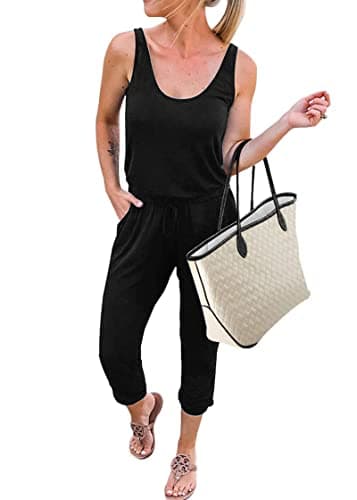 KIRUNDO Women 2026 Summer Jumpsuits Casual Sleeveless Drawstring Elastic Waist Romper Vacation Cruise Airport Travel Outfits(Black, Large) - Image 1
