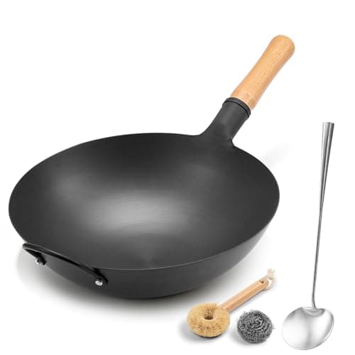 WANGYUANJI 13.4 Inch Round Bottom Carbon Steel Wok, Nitrided Iron Chinese Stir Fry Pan for Gas Wok Burner, Wok Ring Needed for Flat Gas Grates, Wooden Handle - Image 1