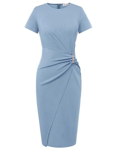 GRACE KARIN Women's Short Sleeve Bodycon Work Dress Business Midi Sheath Dress Office Cocktail Dress Gray Blue M - Image 1