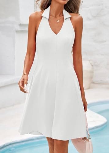 Lazysmile Summer Dresses for Women Sleeveless Halter Lapel V Neck Backless A Line Formal Cocktail Party Short Dress White - Thumbnail 5