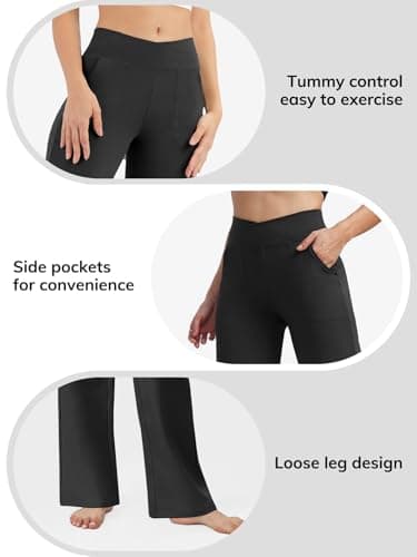 AFFOLE Petite Wide Leg Pants for Women Flare Dress Pants with Pockets Cross Waist Stretch Bootleg Sweatpants for Casual Black - Thumbnail 4