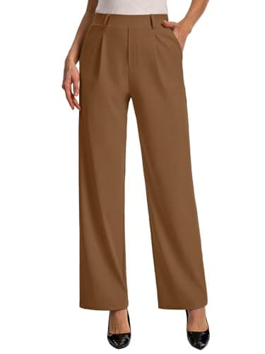 Feiersi Womens Dress Pants Wide Leg Stretchy Work Pants High Waisted Pull On Casual Trousers with Pockets(Coffee,Medium) - Image 1