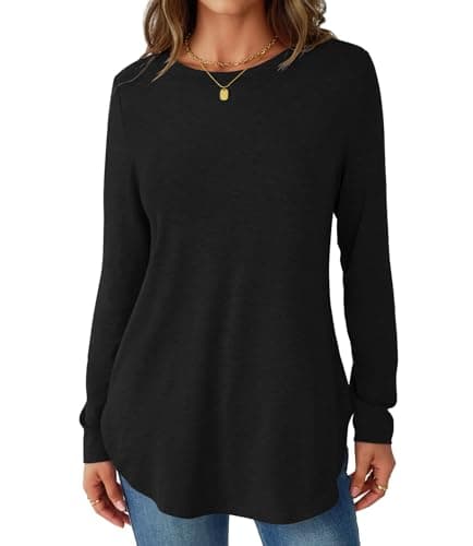 NORACORA Womens Long Sleeve Round Neck Shirts Side Split Basic Loose Tunic Tops Casual 2025 Trendy T Shirts Blouse Black S - Thumbnail 2