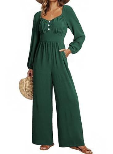 Dokotoo Lady Dressy Jumpsuits One Piece 2026 Spring Square Neck Boho Jumperss Adjustable Waisted Petite Wide Leg Vacation Outfits Plus Size with Pockets,Blackish Green X-Large - Thumbnail 2