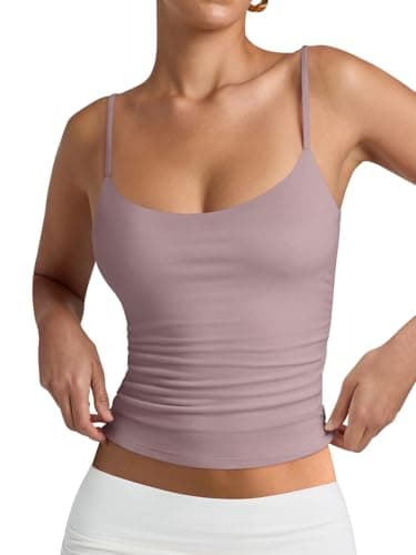 PINKMSTYLE Double Lined Scoop Neck Camisole Tops for Women Adjustable Spaghetti Strap Tank Yoga Tops Gray Pink Small - Image 1