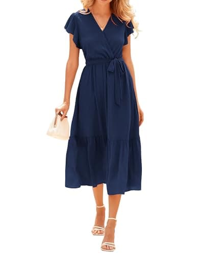 BTFBM Women Summer Bohemian Floral Casual Wrap V Neck Ruffle Cap Sleeveless Belt A-Line Pleated Hem Midi Sun Dress(Solid Navy,XX-Large) - Image 1