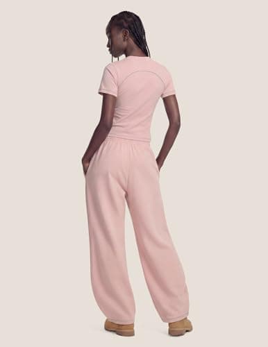 Aelfric Eden Cloud Slim Sweat Set 2 Piece Sets for Women Summer Short Sleeve Tops High Waist Baggy Barrel Pants Tracksuit Sets Pink Small - Thumbnail 3