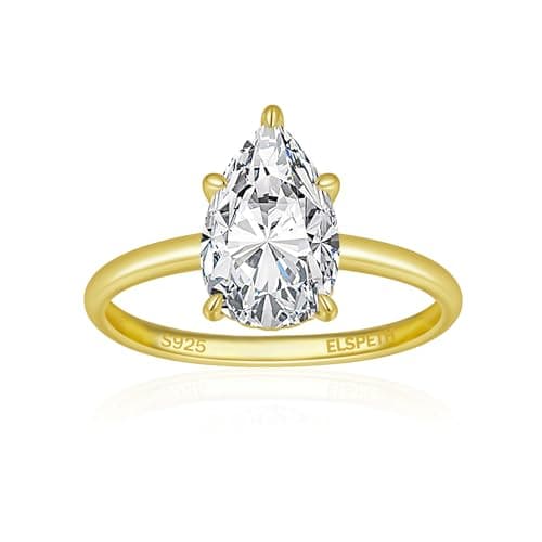 Elspeth 3CT Pear Cut Engagement Ring for Women 925 Sterling Silver Hidden Halo Teardrop Cubic Zirconia Solitaire Wedding Promise Ring Gold Plated Size 6 - Image 1
