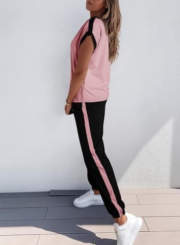 Dokotoo Two Piece Sets for Women Summer Outfits Colorblock Short Sleeve Crewneck Jogger Lounge Sets Matching Pajamas Loungewear Women Clothing Fall Fashion Trendy - Thumbnail 2