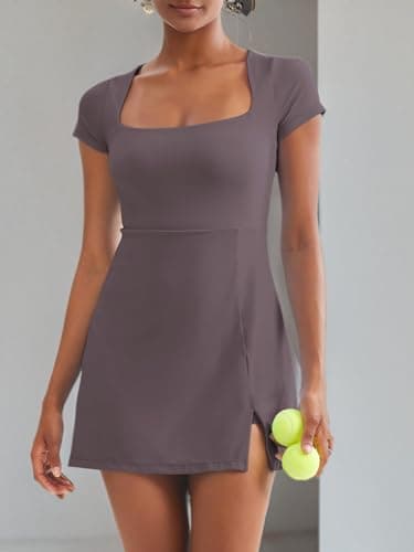 Dokuritu Womens Tennis Dresses Short Sleeve Square Neck 2024 Side Slit Double Lined Golf Athletic Dress with Built in Shorts - Thumbnail 6