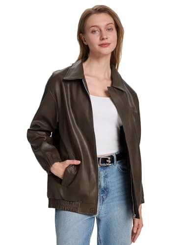 Moreone Faux Leather Jacket Women Oversize Leather Bomber Jacket Zip Up Going Out Jackets for Women 2026 Fall Fashion Moto Jacket coffee S - Thumbnail 5