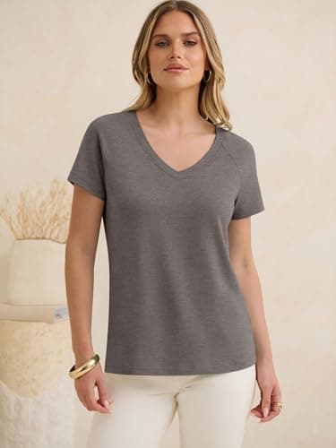ANRABESS Womens Tops Short Sleeve V Neck Shirts Summer Basic Tee Trendy Cute Tshirts 2026 Spring Casual Outfits Gray Taupe X-Large - Thumbnail 6