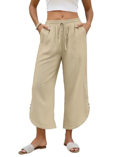 Bsubseach Womens Cotton Linen Pants Summer Capri Pants Comfy Cropped Lounge Pants with Drawstring Light Khaki L - Image 1