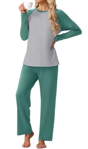 PrinStory Women's Pajamas Set Sleepwear Pjs loose-fit Long Sleeve Crewneck Shirts and Pant Soft Comfy Sleep Sets Haze Blue M - Image 1