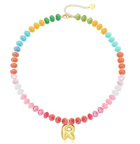 Btysun Bubble R Letter Initial Necklace, Gemstone Necklace Birthday Gifts for Women Initial Necklace for Women Colorful Bead Necklace with Letter R Gifts for Teen Christmas Jewelry - Image 1