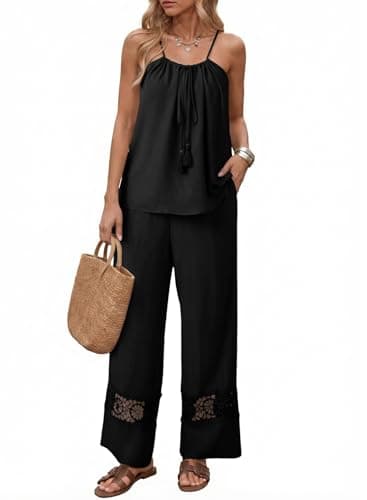 Dokotoo Matching Sets Women Clothing Summer Casual Spaghetti Strap Tank Tops and Wide Leg Lace Pants Set with Pockets Going Out Resort Wear Black X-Large