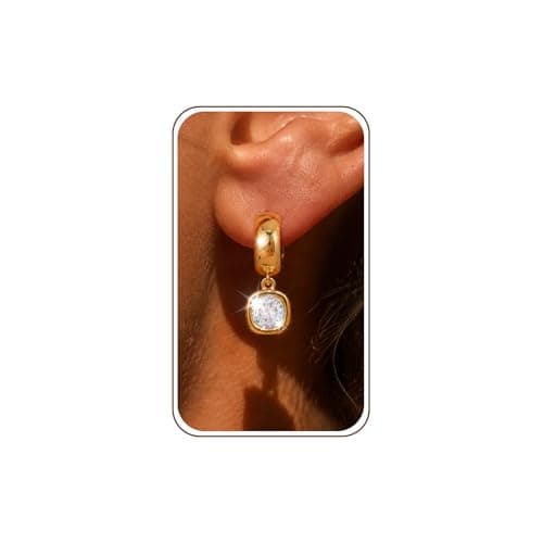Trendy Gold Dangle Earrings for Women,14K Gold Plated Drop Earring Huggie Chunky hoop Earrings With Bezel-Set Statement Cubic Zirconia Charm Lightweight Hypoallergenic Jewelry Accessories Gifts for Women - Image 1