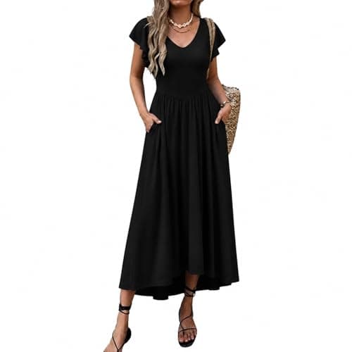 materasu Women V Neck Flutter Sleeve Midi Dress with Pocket High Waist A Line Casual Dress - Image 1