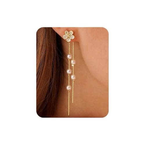 UANNEAU Gold Earrings for Women Trendy,14K Gold Plated Pearl Earrings Dainty Minimalist Statement Cubic Zirconia Flower Tassel Chain Stud Earrings Hypoallergenic Wedding Earrings Gifts for Her Mom - Image 1