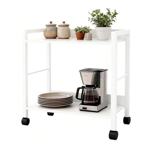 DEILALY Rolling Side Table & Nightstand, 2-Tier Industrial Sofa Table with Wood Shelves on Wheels, Mobile End Table, Small Storage Cart for Living Room, Bedroom, Office.White