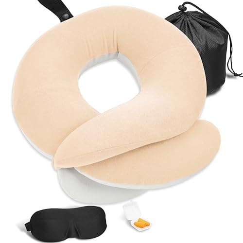 BUYUE Travel Neck Pillows for Airplanes, 360° Head Support Sleep for Long Flight, Skin-Friendly & Breathable, Kit with 3D Contoured Eye Mask, Earplugs and Storage Bag (Adult, Beige, 90+ lbs)