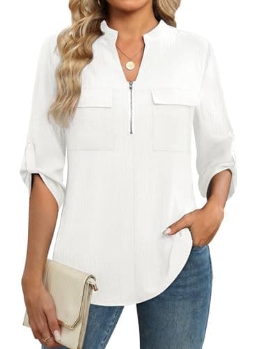 Funlingo 3/4 Length Sleeve Womens Tops Business Casual Blouses Zip Front V Neck Work Shirts Flowy Loose Fit Tunic Tops Office Outfits 2026 White XL - Image 1
