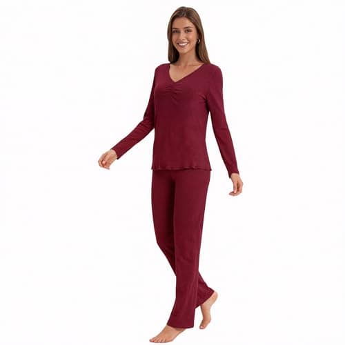 Navisting Women's Cool Pajamas Set Lightweight Sleepwear V-Neck Top and Pants Long Sleeve Two Piece Loungewear Elegant Wavy Hem Burgundy XL - Image 1