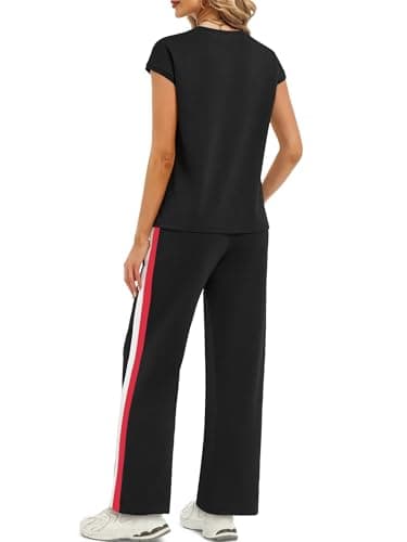 Casly Lamiit 2 Piece Sets for Women Vacation Outfits Crew Neck Travel Lounge Sets Short Sleeve Top Wide Leg Pants Set Black 2XL - Thumbnail 4