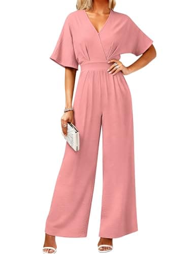 LOOKBOHO Jumpsuits for Women V Neck Elegant Dressy Casual One Piece Romper Batwing Sleeve Wide Leg Jumpsuit Outfits Pink XL - Image 1