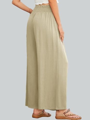 JUYUEO Wide Leg Linen Pants for Women High Waist Casual Flowy Boho Beach Palazzo Trousers with Pockets Apricot L - Thumbnail 5